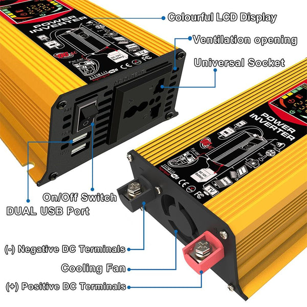 Tang III Generation 12V to 220V 6000W Modified Square Wave Car Power Inverter with LCD Display & Dual USB(Yellow)