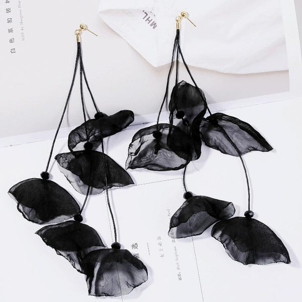 Long Exaggerated Fabric Art Handmade Petal Earrings, Color: E1908-29 Black