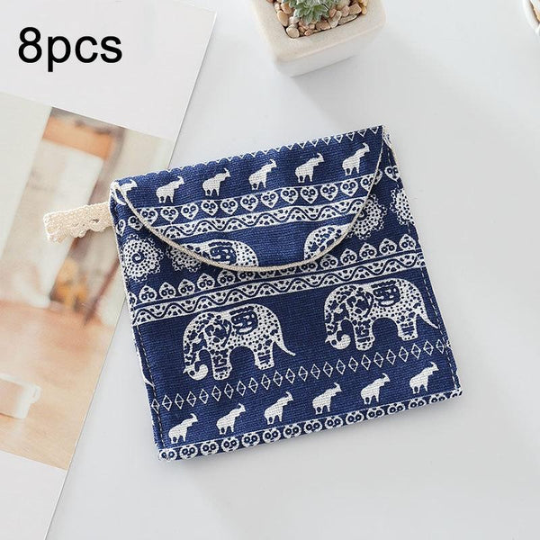 8pcs Cotton and Linen Sanitary Napkin Storage Bag Handy Clutch Bag(Elephant)