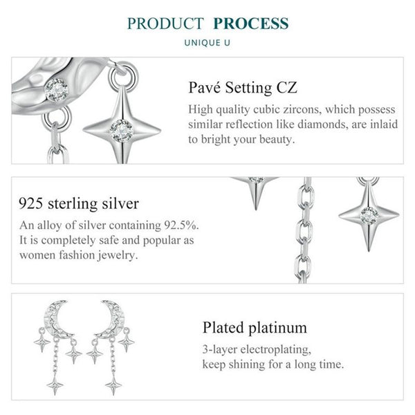 BSE858 Sterling Silver S925 White Gold Plated Zircon Moon Tassel Stud Earrings