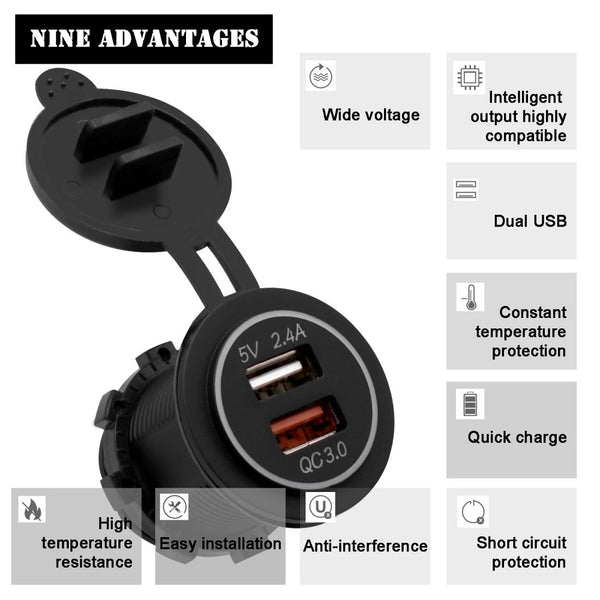 Universal Car QC3.0 Dual Port USB Charger Power Outlet Adapter 5V 2.4A IP66 with 60cm Cable(White Light)