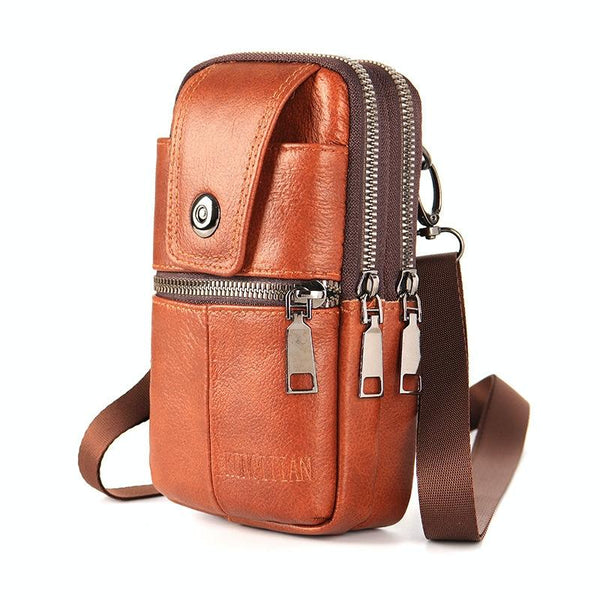 KUNQITIAN Mobile Phone Waist Bag Belt Leather Case With Shoulder Strap, Size: S(Brown Yellow)
