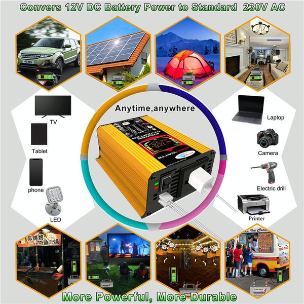 Tang III Generation 12V to 110V 6000W Modified Square Wave Car Power Inverter with LCD Display & Dual USB(Yellow)
