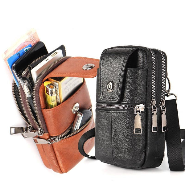 KUNQITIAN Mobile Phone Waist Bag Belt Leather Case With Shoulder Strap, Size: L(Brown Yellow)