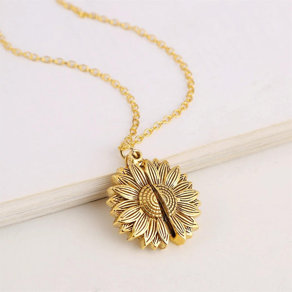 N2003-22 Ancient Gold Necklace Alloy Sunflowers Shape Can Open Double Side Engraving Accessories Pendant
