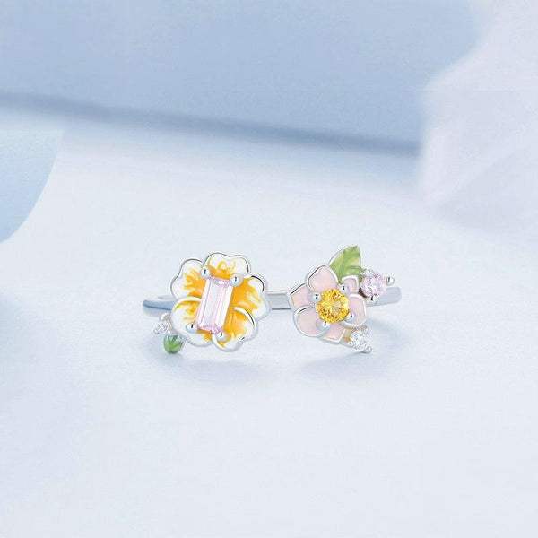 BSR342 Sterling Silver S925 Beautiful Flower Plated Platinum Open Ring