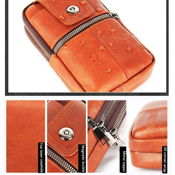 KUNQITIAN Mobile Phone Waist Bag Belt Leather Case With Shoulder Strap, Size: M(Red Brown)