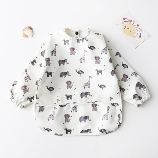 Long Sleeved Baby Bib Waterproof Washable Easy Clean Smock With Pocket, Size: M(Animals)