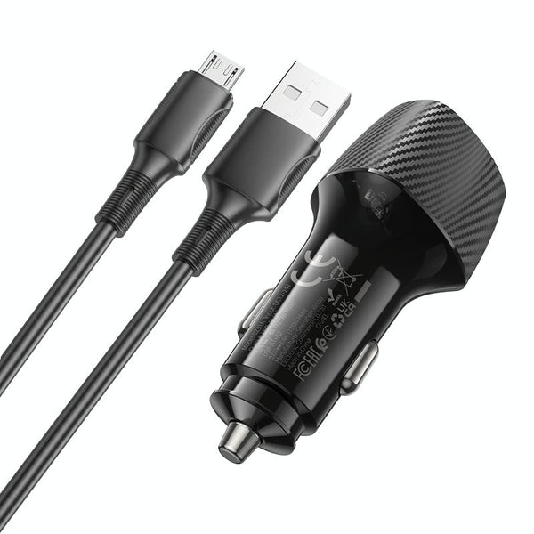 BOROFONE BZ31A Solid Dual-port USB Car Charger Set with USB to Micro USB Cable(Black)