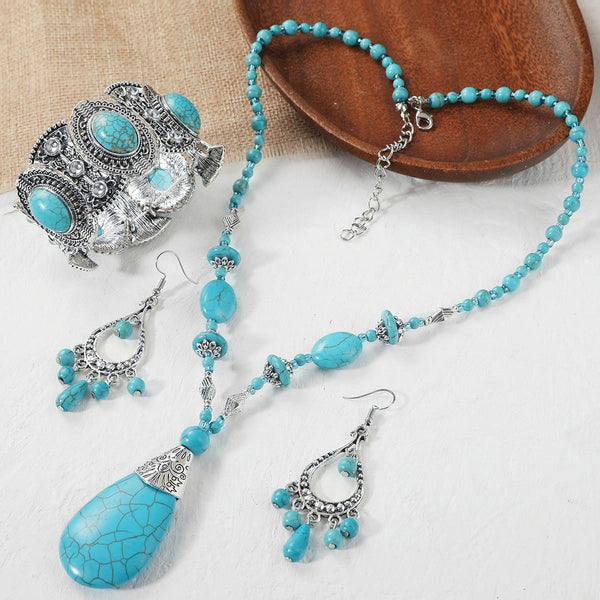2pcs/set Necklace + Earrings Natural Turquoise Accessories Ladies Jewelry