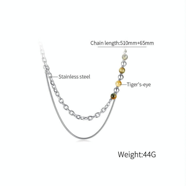 OPK GX2414 Personalized Simple Stainless Steel Double Layer Chain Splicing Tiger Eye Stone Necklace