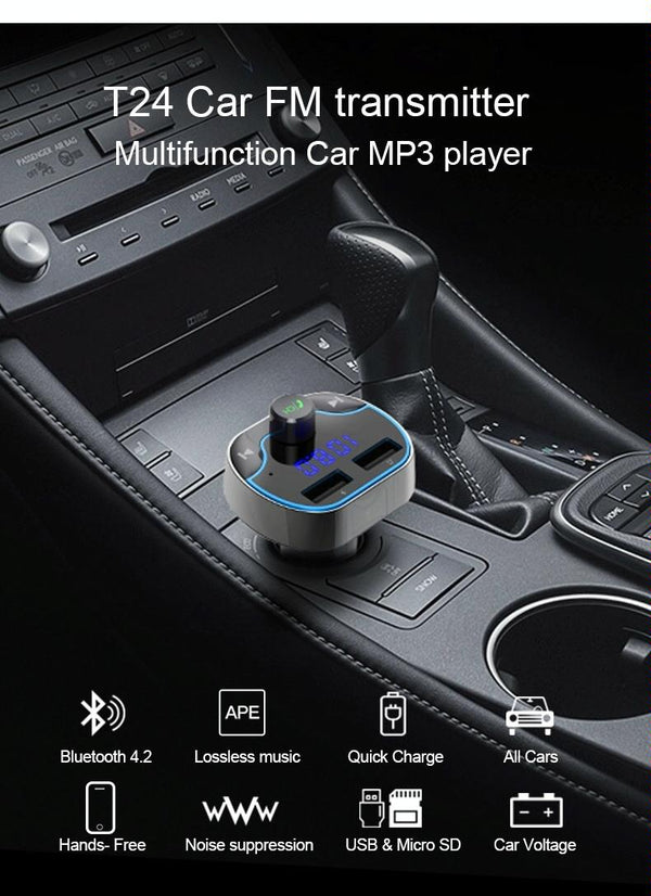 T24FM Transmitter Quick Charge Voice Navigation Car Hands-free Phone Bluetooth MP3 Player Black