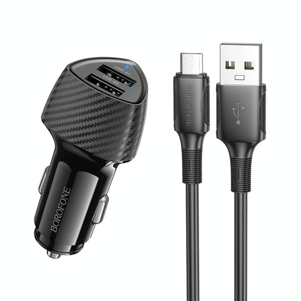 BOROFONE BZ31A Solid Dual-port USB Car Charger Set with USB to Micro USB Cable(Black)