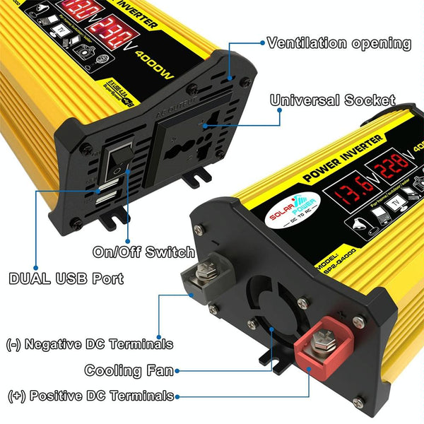 Legend II Generation 12V to 110V 4000W Modified Square Wave Car Power Inverter(Yellow)