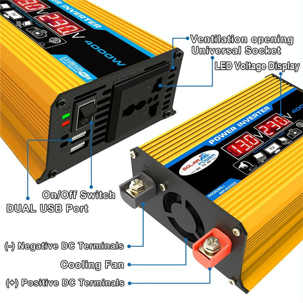 Tang II Generation 12V to 220V 4000W Modified Square Wave Car Power Inverter(Yellow)