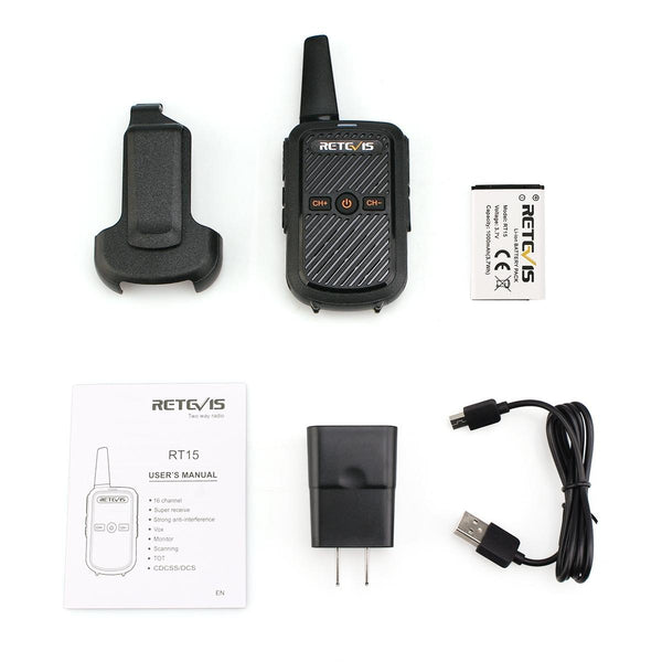RETEVIS RT15 400-470MHz 16CHS Mini Two Way Radio Walkie Talkie, EU Plug(Black)