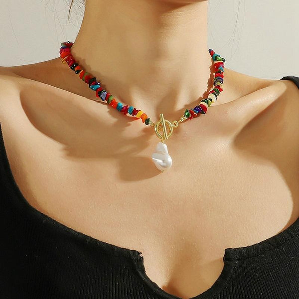 Boho Colorful Broken Natural Stone Necklace, Model: N2106-22 Purple Stone Single Chain