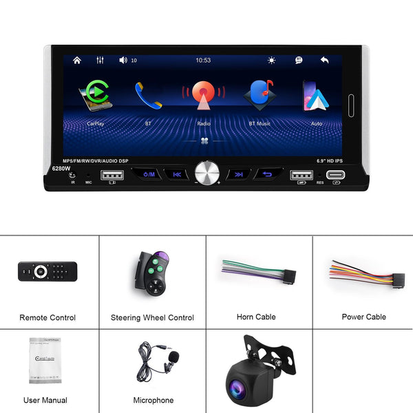 Single Spindle 6.9 inch MP5 With Knob Player Carplay Function Car MP4 Backup Camera, Specification: Standard+AHD Camera
