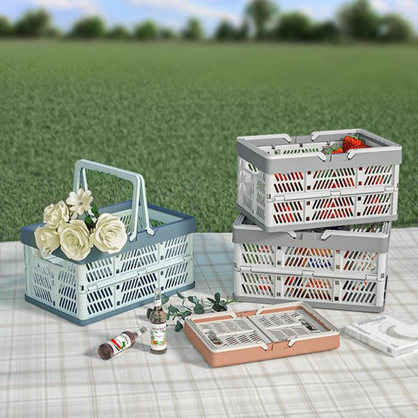 38x25x20cm Plastic Folding Storage Basket Shopping Basket Camping Storage Box With Handle(Gray)