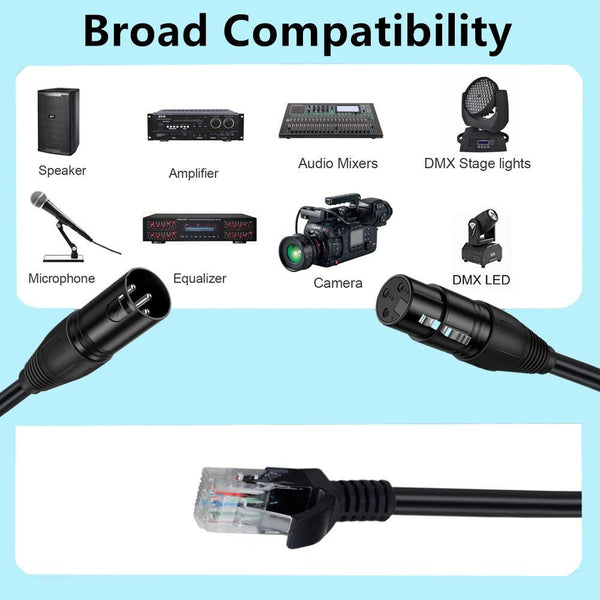 XLR 3 Pin Female to RJ45 Male Network Extension Cable for DMX-CON Controller Series, Length: 30cm(Black)