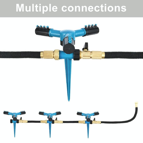 Automatic 360 Rotating Adjustable Garden Water Sprinklers Lawn Irrigation System with 3 Arm Sprayers and Spike Base(Blue)
