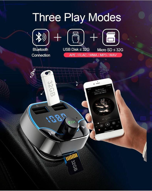 T24FM Transmitter Quick Charge Voice Navigation Car Hands-free Phone Bluetooth MP3 Player Black