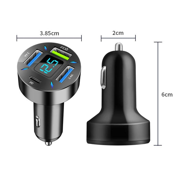 4 in 1 USB PD20W+QC3.0+2.4A Digital Display Car Fast Charger