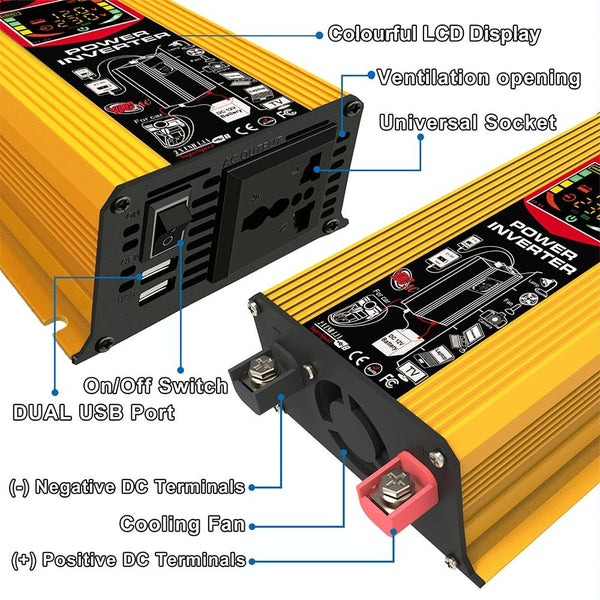 Tang III Generation 12V to 110V 6000W Modified Square Wave Car Power Inverter with LCD Display & Dual USB(Yellow)