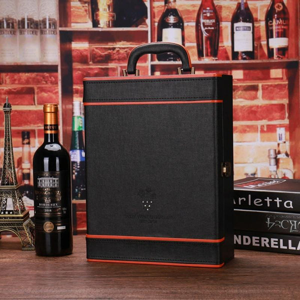 Rhinestone Double Bottle Wine Box Leather Wine Packaging Gift Box With Wine Tools, Style: Wider Orange Edge