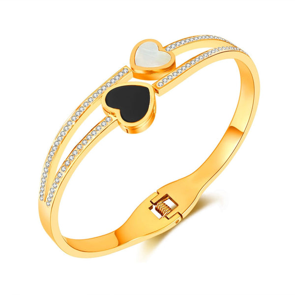 OPK GH1105 Stainless Steel Double Heart Black and White Shell Temperament Bracelet