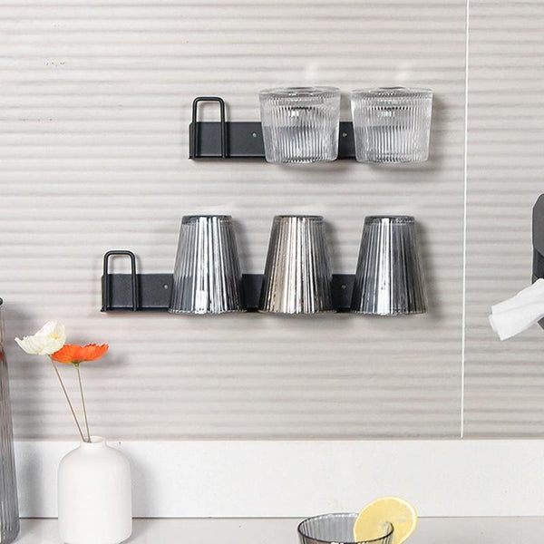 Household Glass Cup Holder Inverted Cup Hanger Bar Free Hole Wall Mounted Drainage Mug Shelf, Color: 3 Position (Black)