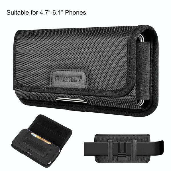 HAWEEL 4.7-6.1 inch Nylon Cloth Phone Belt Clip Horizontal Carrying Pouch with Card Slot (Black)