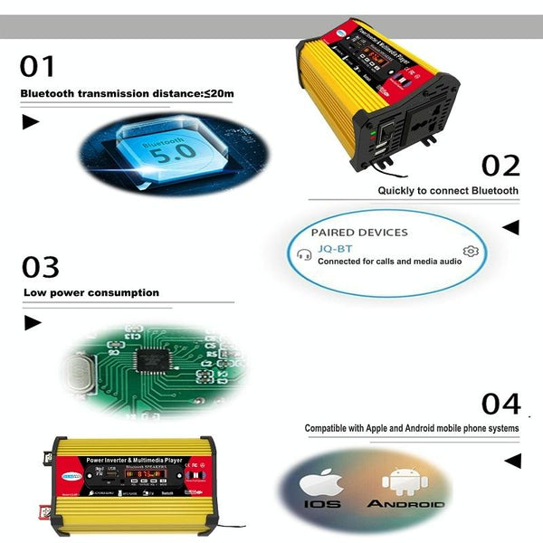 SOLIKE TECH 300W Modified Sine Wave Inverter with Bluetooth MP3/FM Multimedia Player 12V to 220V