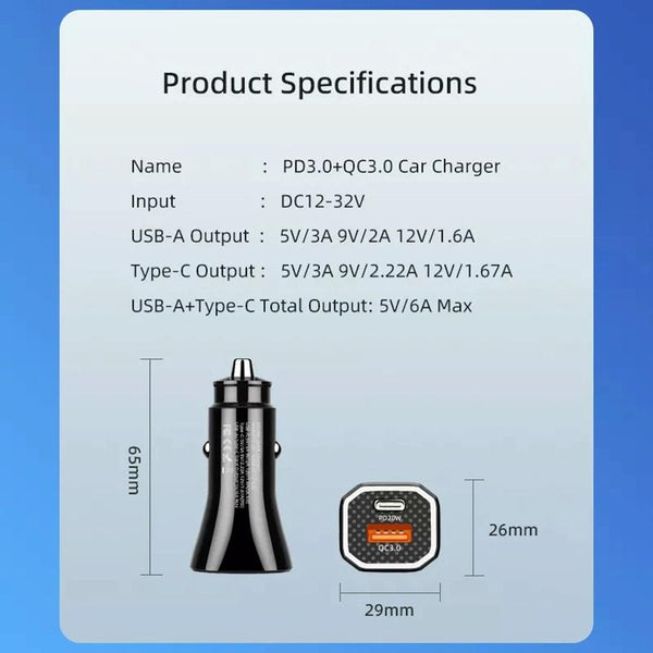 PD + QC3.0 Car 2 in 1 Square Fast Charger Car Cigarette Lighter (Black)