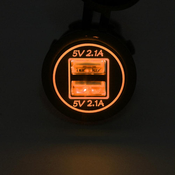 Universal Car Charger 2 Port Power Socket Power Dual USB Charger 5V 4.2A IP66 with Aperture(Orange Light)