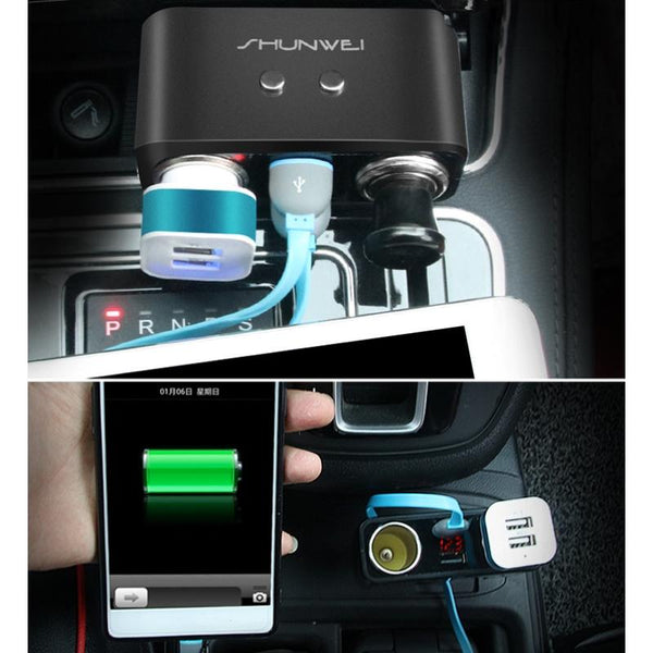 SHUNWEI SD-1925 120W 3A Car 2 in 1 Dual USB Charger 90 Degree Free Rotation Cigarette Lighter(Black)