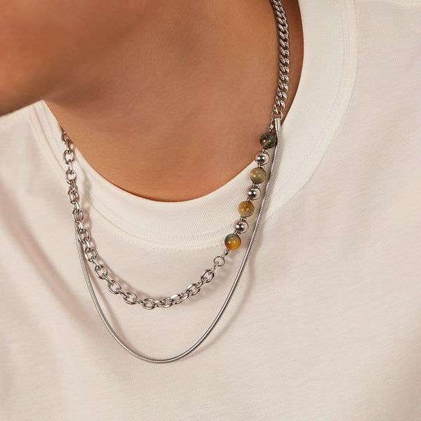 OPK GX2414 Personalized Simple Stainless Steel Double Layer Chain Splicing Tiger Eye Stone Necklace