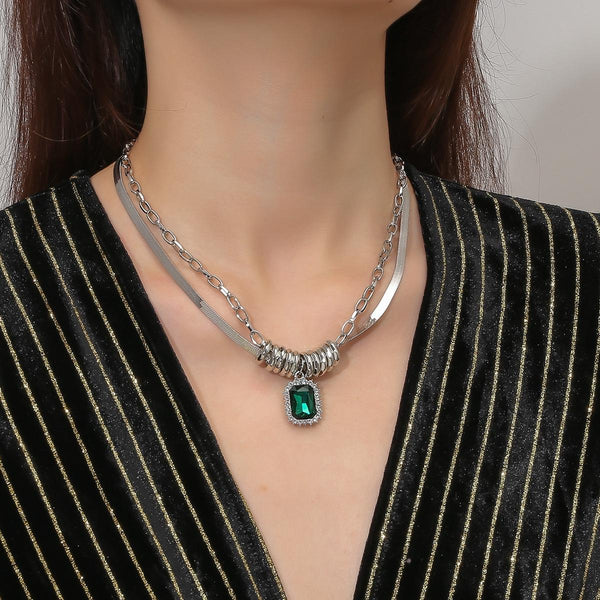 N2211-6 Green Crystal Hip-Hop Flat Snake Chain Dual-Layer Snake Bone Chain