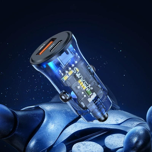USAMS US-CC164 C32 30W Transparent Dual Port Mini Car Charger(Blue)