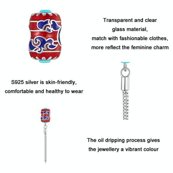 BSC727 Sterling Silver S925 Auspicious Clouds Red Lantern Bracelet Bead Pendant