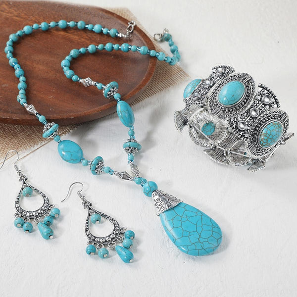 3pcs/set Necklace + Bracelet + Earrings Natural Turquoise Accessories Ladies Jewelry