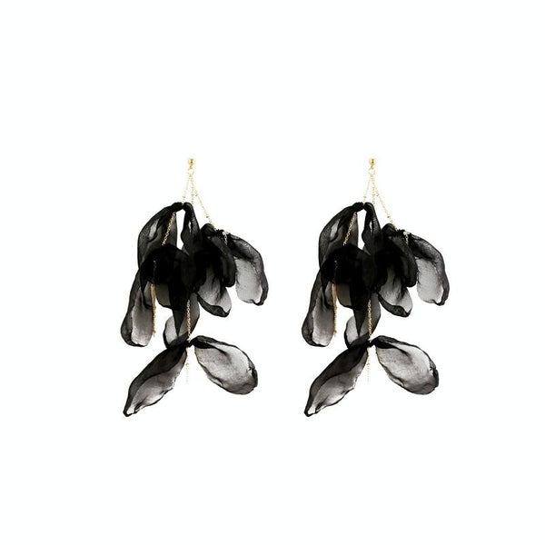 Long Exaggerated Fabric Art Handmade Petal Earrings, Color: E1908-33 Black