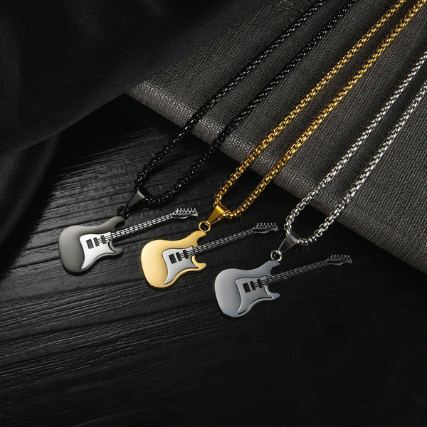 OPK 1989 Personality Stainless Steel Guitar Pendant Titanium Steel Necklace, Color: Black Pendant+0.4x70cm Pearl Chain