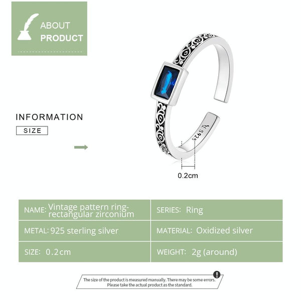 S925 Sterling Silver Retro Flower Square Zircon Women Open Ring