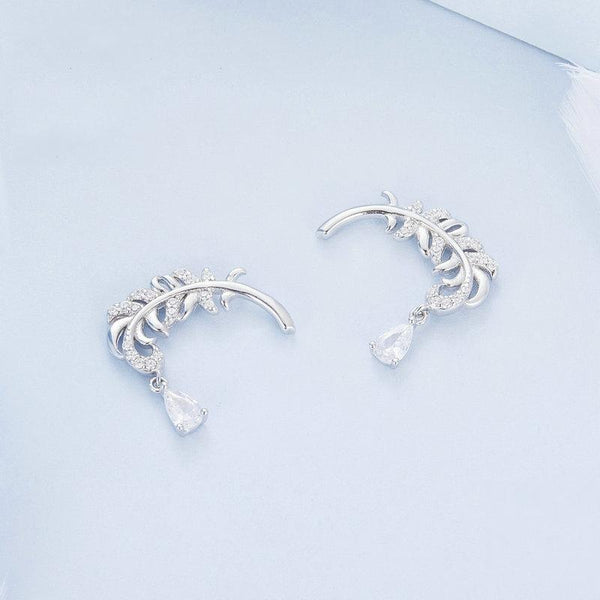 BSE747 Sterling Silver S925 White Gold Plated Feather Drop Zirconia Stud Earrings