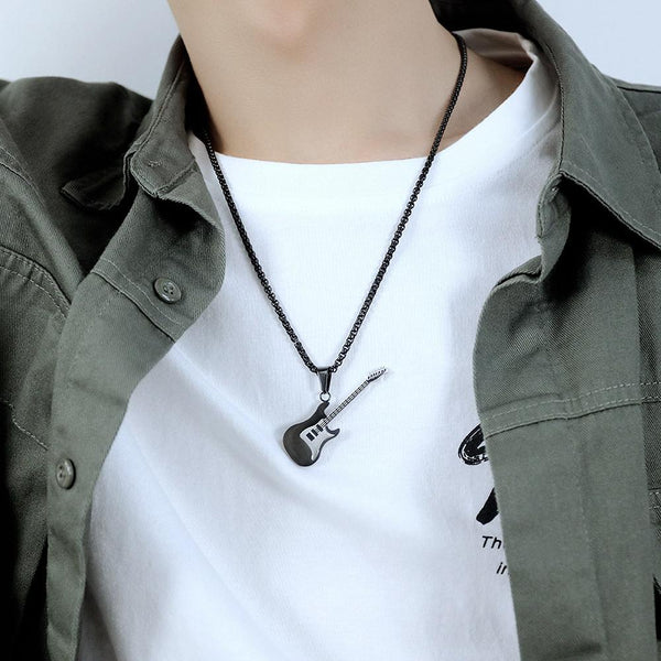 OPK 1989 Personality Stainless Steel Guitar Pendant Titanium Steel Necklace, Color: Gold Pendant+0.4x70cm Pearl Chain