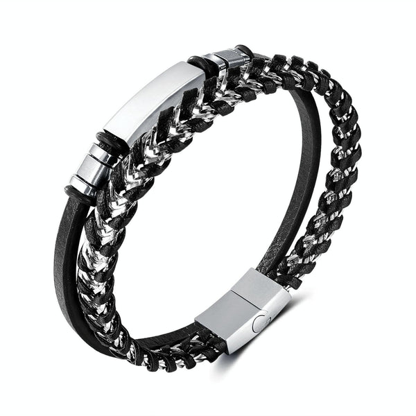 OPK PH1587 Stainless Steel Glossy Double Braided Leather Magnetic Insert Buckle Bracelet