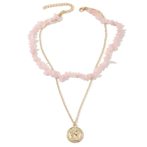 Boho Colorful Broken Natural Stone Necklace, Model: N2107-4 Pink Stone Double Layer