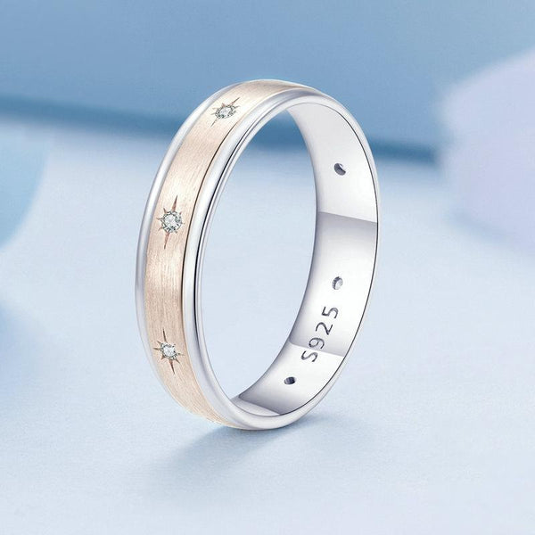 BSR358 Sterling Silver S925 Two-color Electroplated Zircon Starburst Ring(No.6)