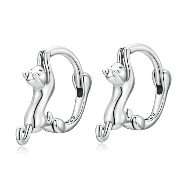 Sterling Silver S925 Diamond Stretch Cat Stretch Earrings, Size: Small Platinum Plated